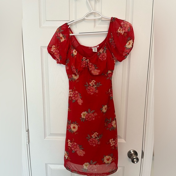 Red floral mesh mini dress - Picture 4 of 6